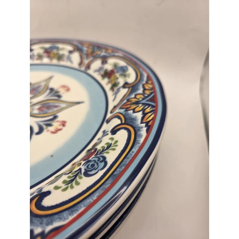 Set of 4 Euro Ceramica Zanzibar 11” Round Dinner Plates Floral Roses Ceramic